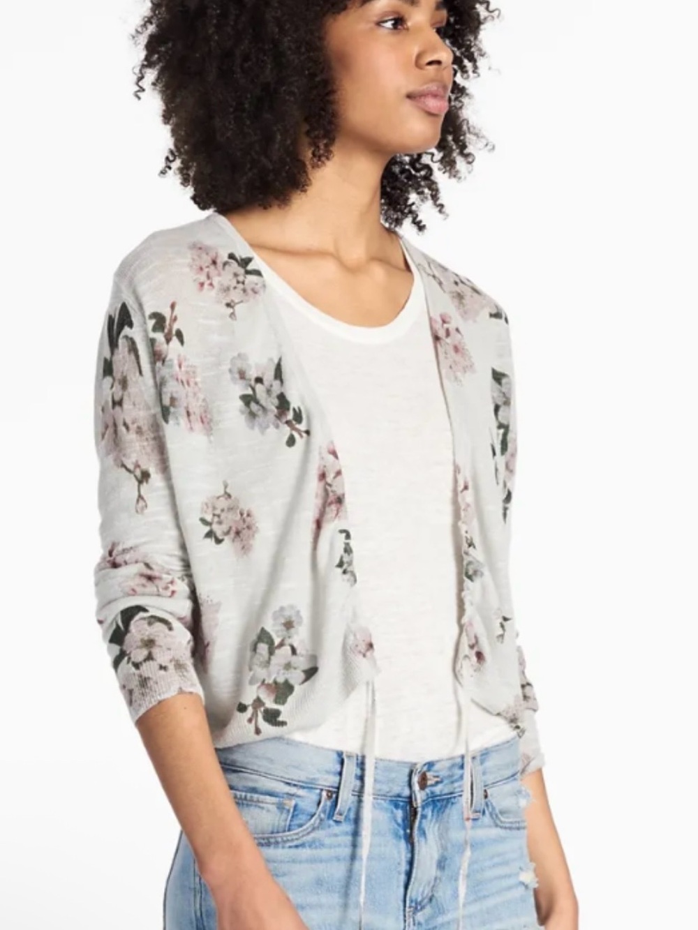 Lucky Brand Light Gray Floral Drawstring Open-Front Cardigan